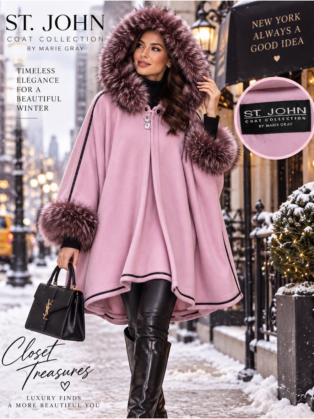 St. John Pink Hooded Cape with Fur-Trim vintage 25 yrs